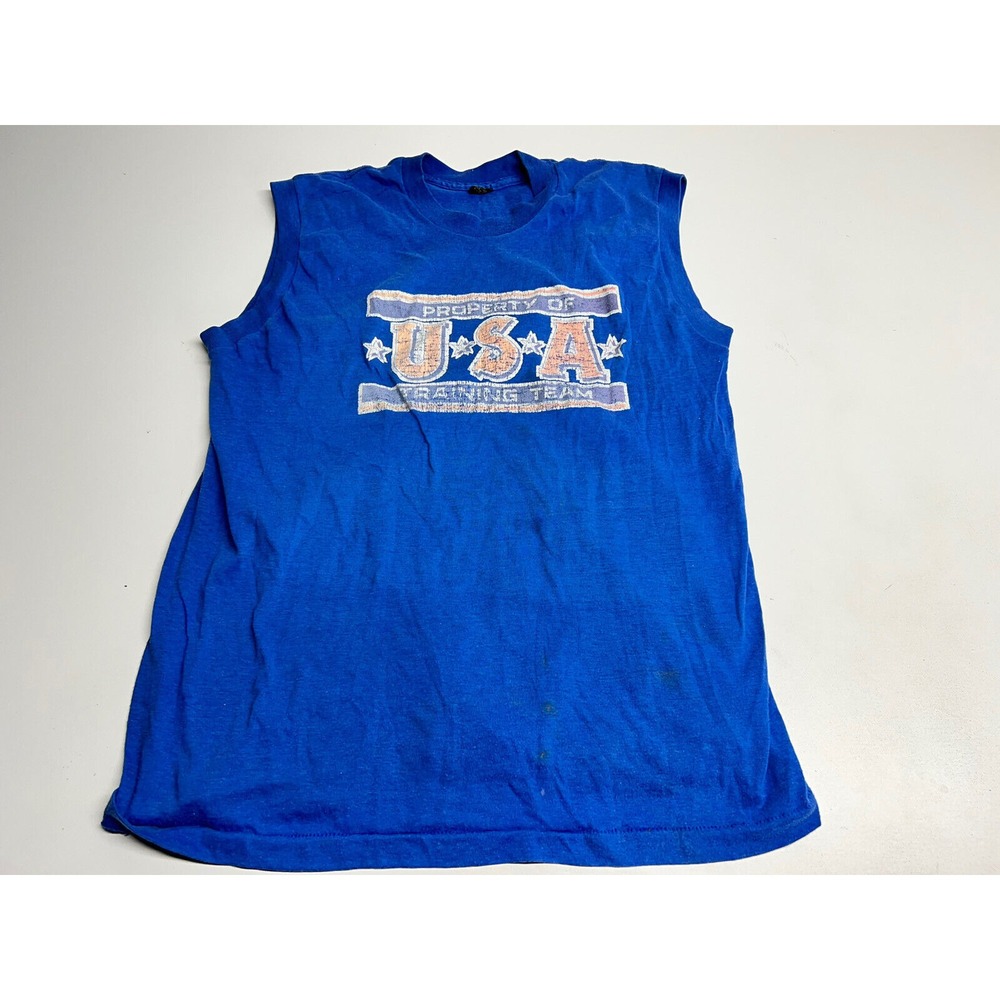 Vintage 90s Muscle T-Shirt Tank Property of USA‎ Training Team Faded Blue Size L